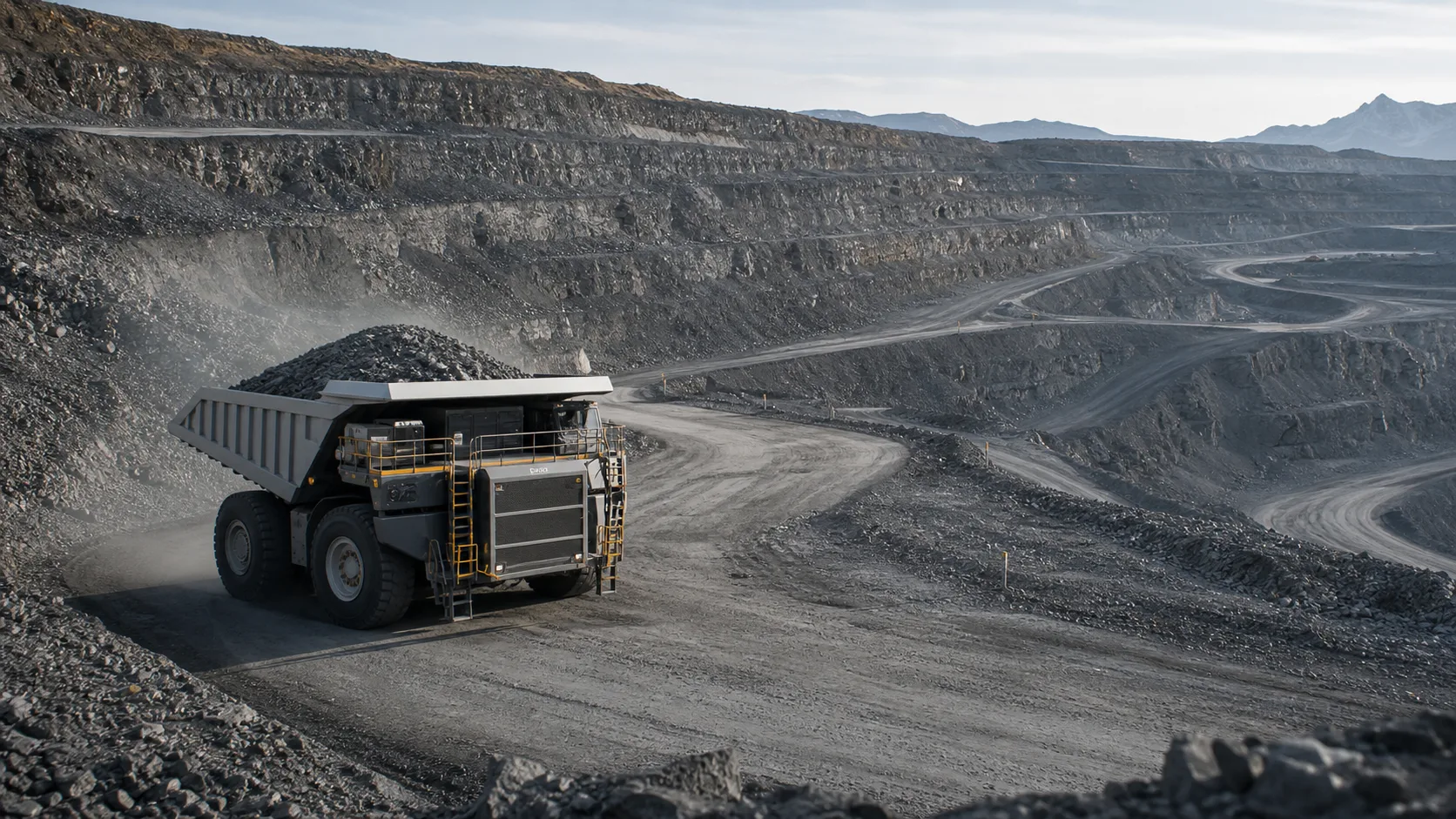 Large haul truck operating in a terraced open-pit mine