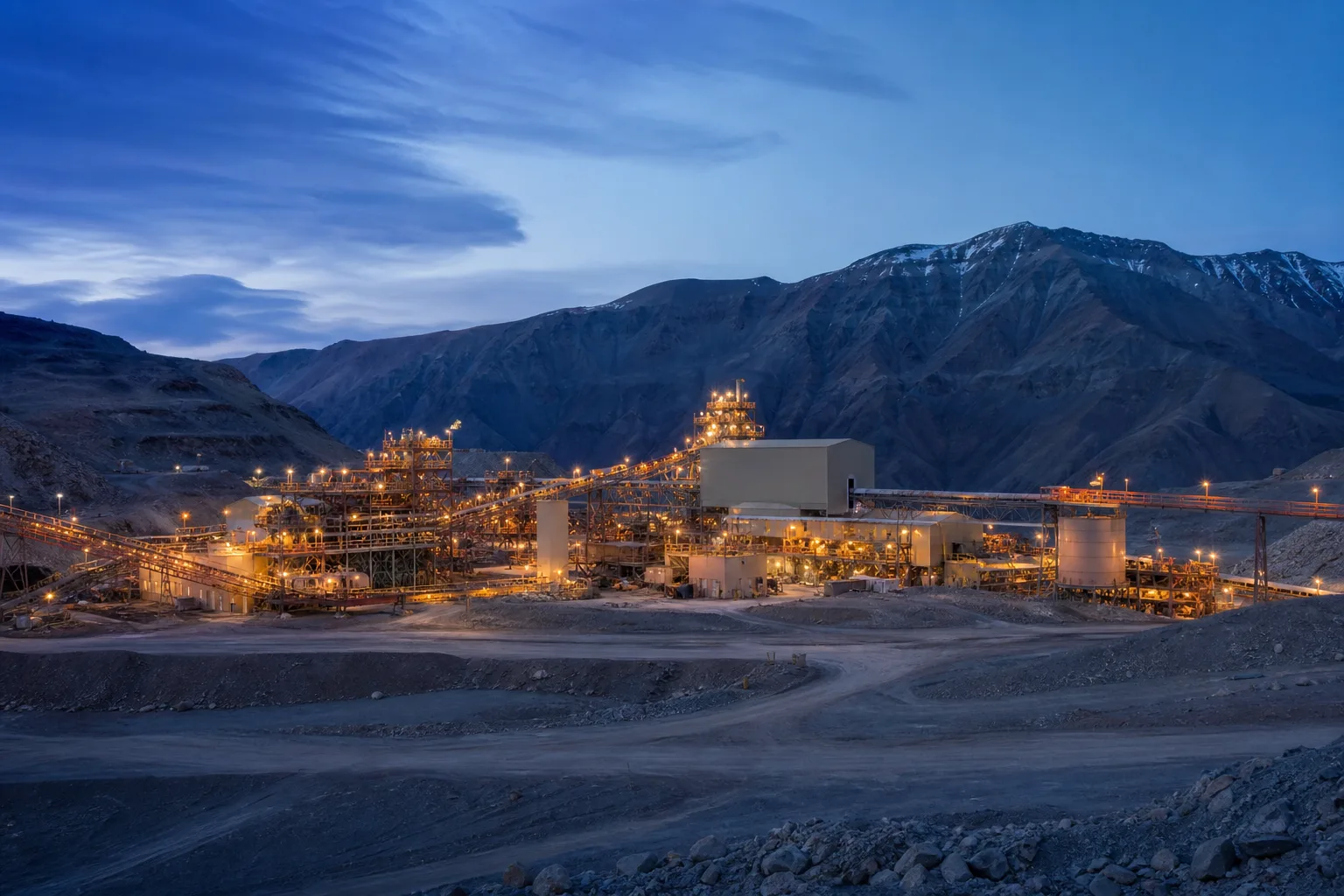 Modern mineral processing facility in a mountain landscape